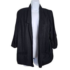 Lauren Conrad Size 12 Womens Black Open-Front Blazer Jacket 3/4 Ruched Sleeves